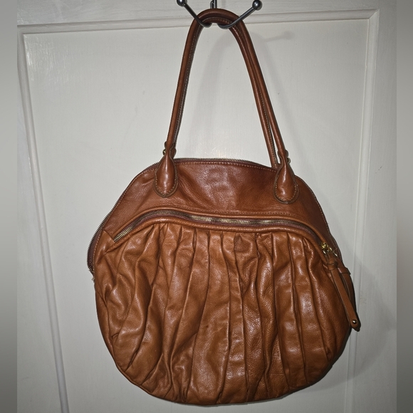 Sabina New York Brown Leather Hobo Handbag Pleated Rounded Zippers 18x13" - Picture 7 of 13
